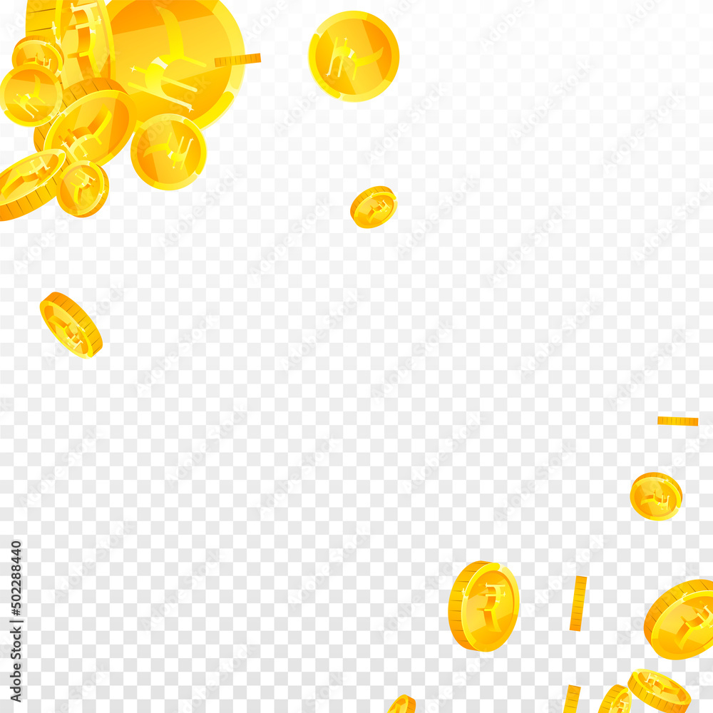 Indian rupee coins falling. Adorable scattered INR coins. India money. Beautiful jackpot, wealth or success concept. Vector illustration.