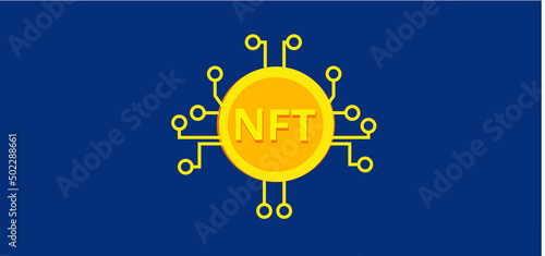 NFT nonfungible token gold coin.Blue technology background. Digital currency concept.
