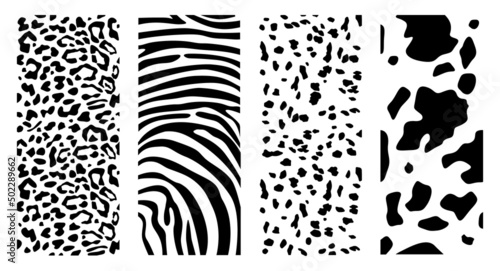 Set of animal skin textures. Vertical vector pattern. Dalmatian  leopard  cow  and zebra pattern print