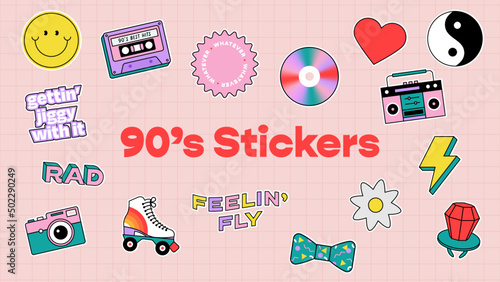 90s Trendy Retro Vector Stickers, Groovy Fun Icons, Editable Stroke and Colors