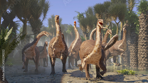 Plateosaurus herd, dinosaurs from the Late Triassic period walking in a tree fern forest  © dottedyeti
