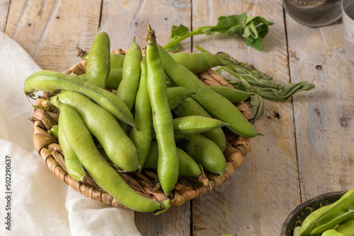 Fresh and raw green broad beans