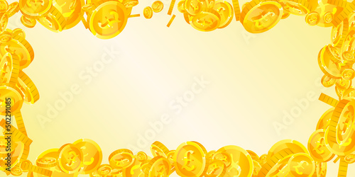 British pound coins falling. Incredible scattered GBP coins. United Kingdom money. Terrific jackpot, wealth or success concept. Vector illustration.