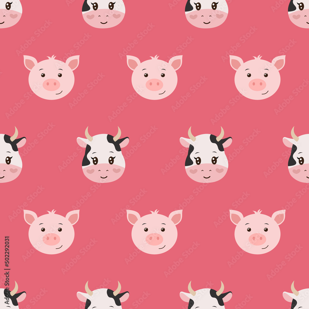 Cute seamless pattern with farm animals on pink background. Cow and pig in flat style. Cartoon vector illustration for childish decoration clothes, greeting cards, fabric print, wrapping, wallpapers.