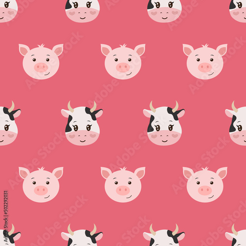 Fototapeta Naklejka Na Ścianę i Meble -  Cute seamless pattern with farm animals on pink background. Cow and pig in flat style. Cartoon vector illustration for childish decoration clothes, greeting cards, fabric print, wrapping, wallpapers.