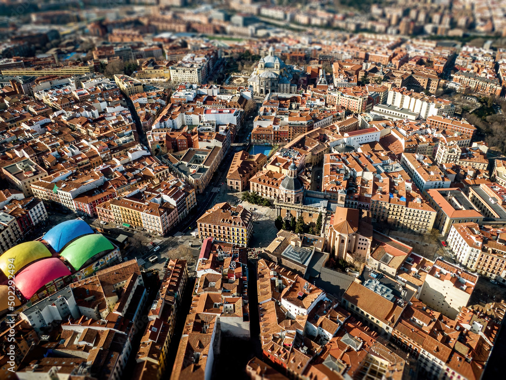 Fototapeta premium Aerial view from drone of Madrid center, old town top view, Spain.