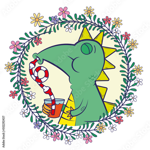 Dinosaur drinking orange juice from a glass with a straw inside a circular frame decorated with flowers and leaves