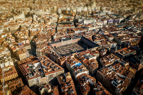 Aerial view from drone of Plaza Mayor in Madrid center, Spain.
