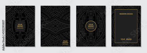 Cover design set, vertical templates, text frame. Original collection of embossed black backgrounds. Ethnic 3d pattern. Handmade style. Motives of the East, Asia, India, Mexico, Aztecs, Peru.