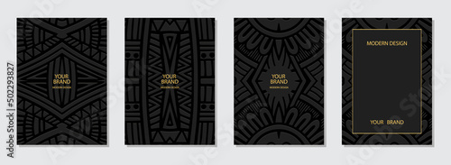 Cover design set, vertical templates, place for text. Creative collection of embossed black backgrounds. Ethnic 3d pattern. Handmade style. Motives of the East, Asia, India, Mexico, Aztecs, Peru.