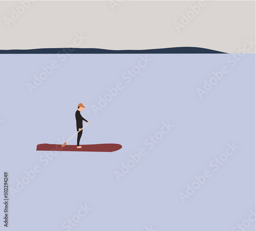 Stand up paddle board man paddle boarding on blue water. Active people, outdoors activities, and healthy lifestyle. Vector illustration in flat style