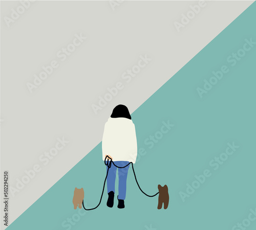 Woman walk with her dogs in public park. She keeps pets on a leash. Healthy lifestyle with animals vector illustration