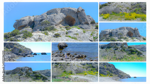 Collage of mountain landscapes at Cape Alchak on the Black Sea coast. Sudak, Crimea.