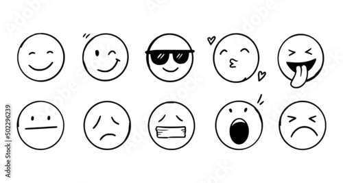 Doodle Emoji face icon set. Hand drawn sketch style. Emoji with different emotion mood, happy, sad, smile face. Comic line art vector illustration.