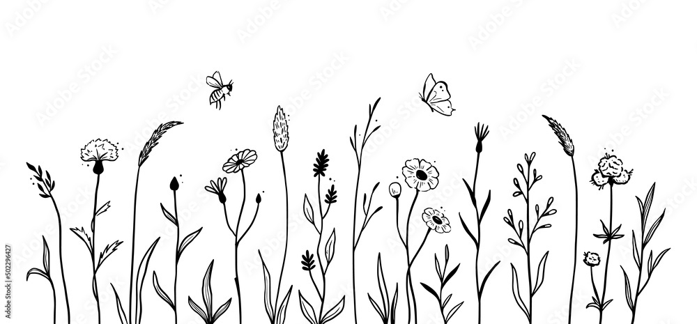 Drawing Spring Garden - Pencil Butterflies And Flower Drawings, HD Png  Download - vhv