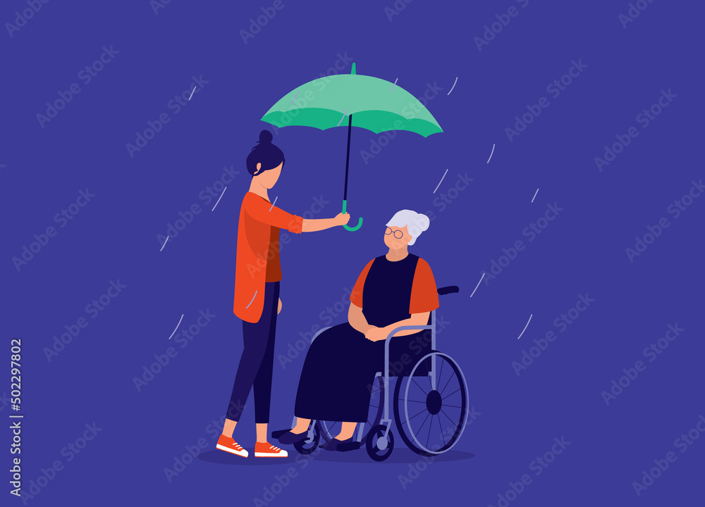 Young Woman With Umbrella Protecting Disabled Senior Woman With Wheelchair From Rain. Concept Of Elderly Care. Full Length. Flat Design, Character, Cartoon. Young Woman With Umbrella Protecting Disabled Senior Woman With Wheelchair From Rain. Concept Of Elderly Care. Full Length. Flat Design, Character, Cartoon.