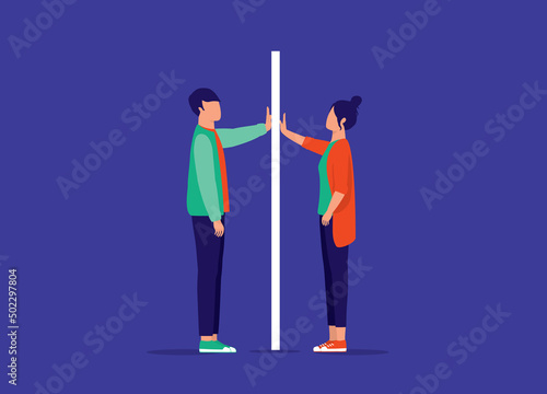 Concept Of Man And Woman Boundary. Man And Woman Separated by Wall. Full Length. Flat Design, Character, Cartoon.