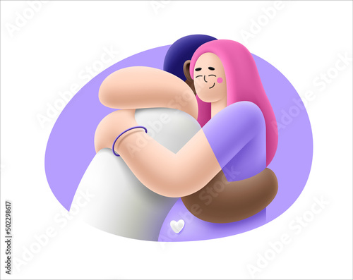 Embracing couple in love. Romantic illustration in 3D cartoon style. Warm embrace. Happy family. Young man hugs pregnant girl with belly. Isolated vector template. Pregnancy. Man hugging woman