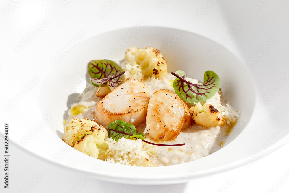 Delicious creamy risotto with sea scallop and cauliflower. Elegant main course with seafood on white plate. Grilled scallop with cauliflower and creamy rice. Seafood risotto with scallops. Delicious creamy risotto with sea scallop and cauliflower. Elegant main course with seafood on white plate. Grilled scallop with cauliflower and creamy rice. Seafood risotto with scallops.