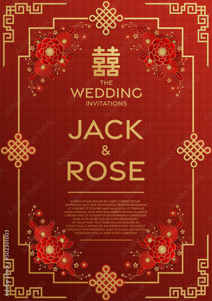 Chinese wedding traditional card with red and gold background (Translation :double happiness)