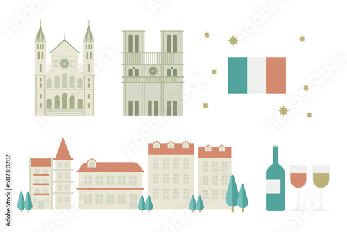 フランスの街並みのイラスト素材セット　ベクターイラスト