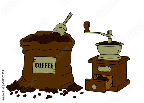 Hand drawn coffee bag with scoop and vintage coffee grinder on a white background. Vector illustration.