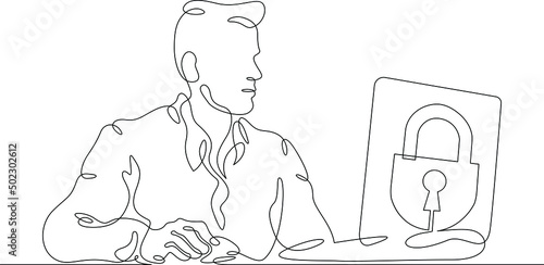 One continuous line.web privacy policy. A man in front of a laptop screen. Lock on the monitor screen. Protection of private information and data.One continuous line drawn isolated, white background.
