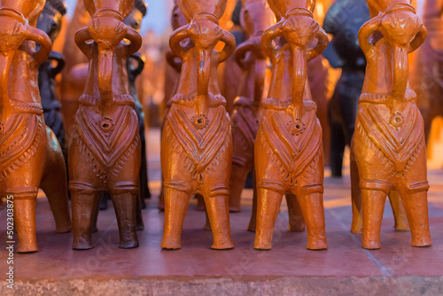 Clay made horses , terracotta handicrafts of Bankura and Bishnupur , on display during the Handicraft Fair in Kolkata , West Bengal, India. It is the biggest handicrafts fair in Asia.