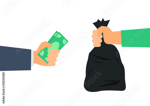 businessman hand holding money cash buy trash bag waste recycling industry vector illustration
