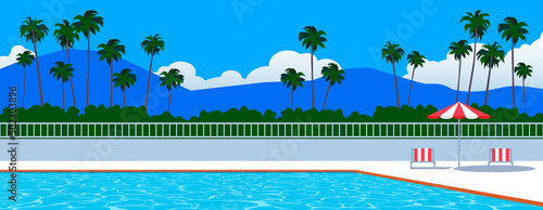 swimming pool tropical resort loungers and umbrella summer vacation outdoor vector illustration