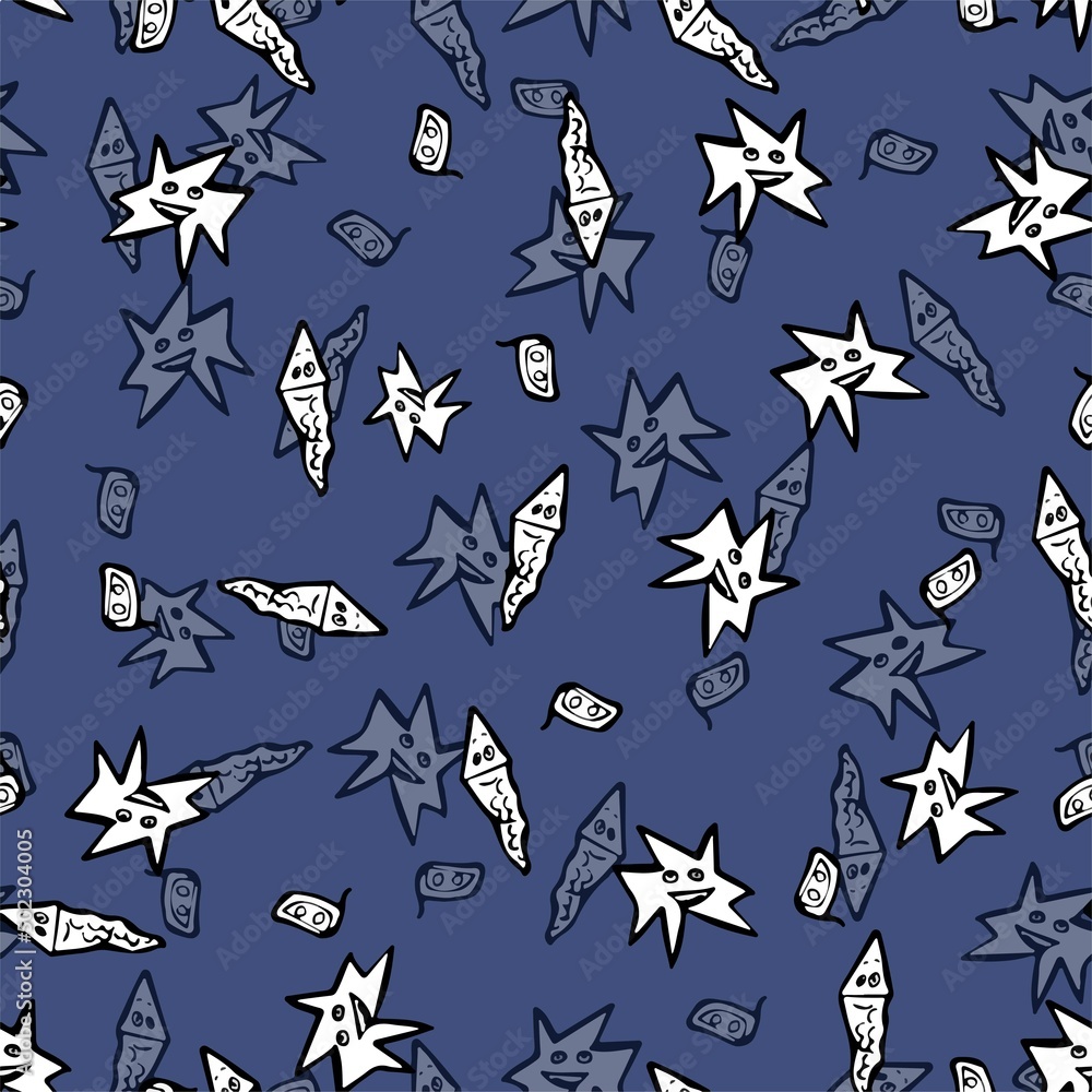 Pattern with doodle funny faces and underwater world on dark blue background for your design Pattern with doodle funny faces and underwater world on dark blue background for your design