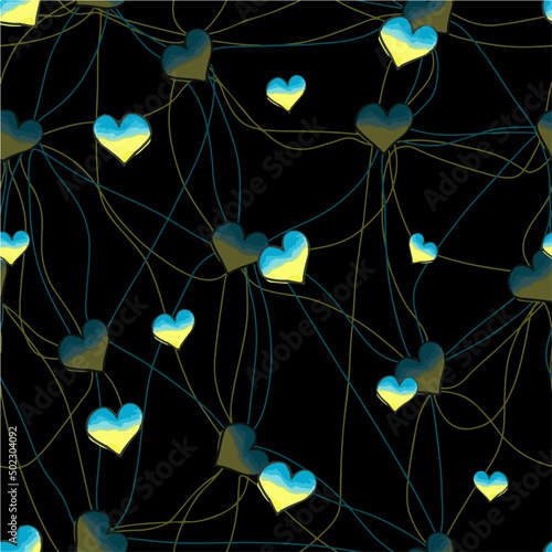 Pattern heart , connected by a single thread on a dark background