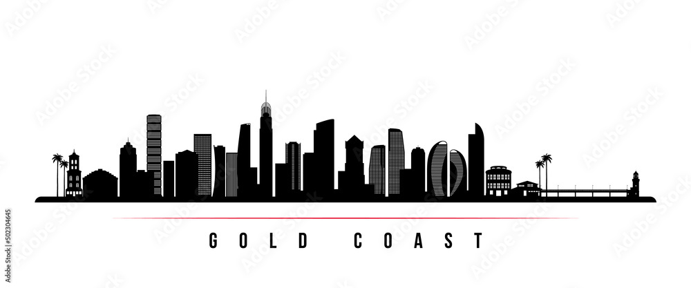 Gold Coast skyline horizontal banner. Black and white silhouette of Gold Coast, Australia. Vector template for your design.