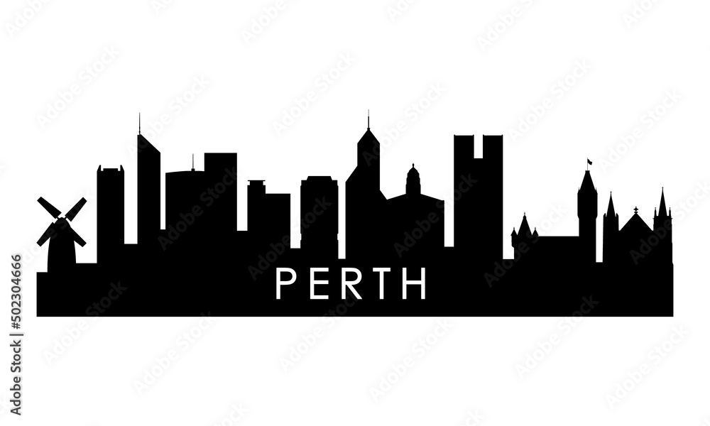 Perth skyline silhouette. Black Perth city design isolated on white background.