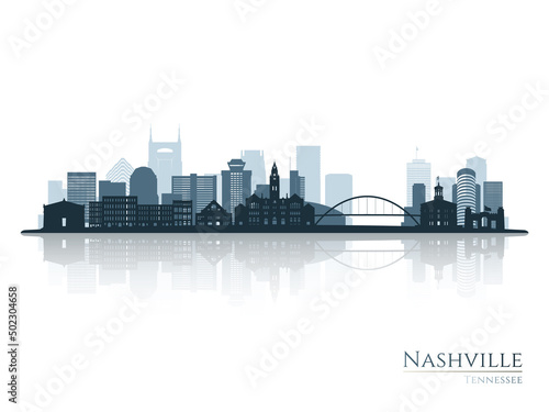 Nashville skyline silhouette with reflection. Landscape Nashville, Tennessee. Vector illustration.
