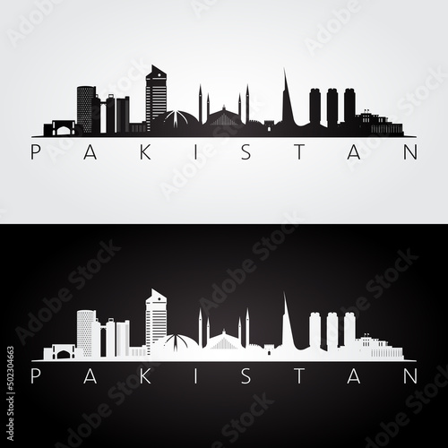 Pakistan skyline and landmarks silhouette, black and white design, vector illustration.