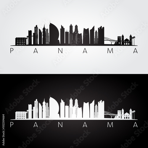 Panama skyline and landmarks silhouette, black and white design, vector illustration.