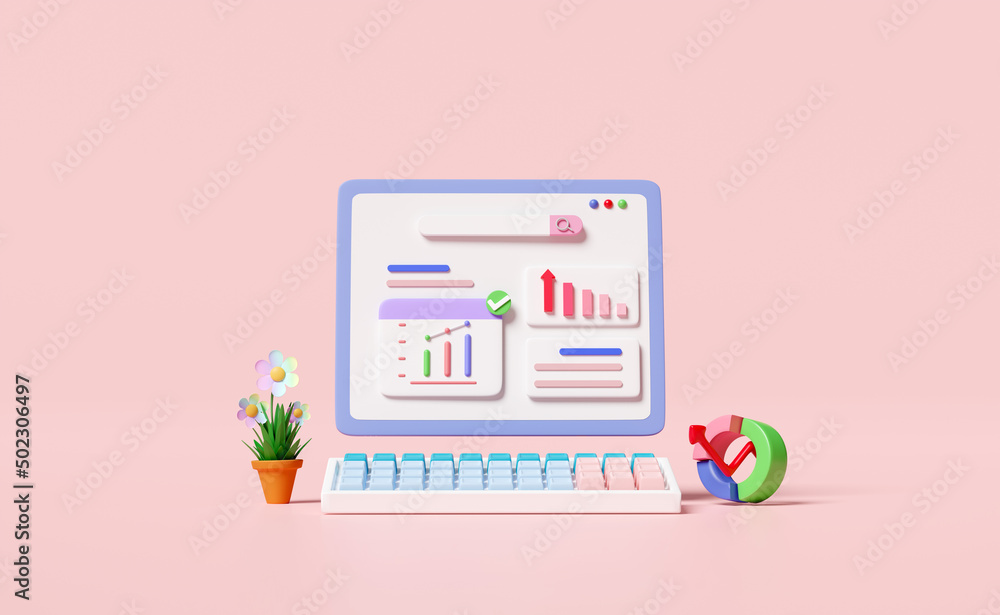 3d financial report charts and graph on laptop computer screen with search bar isolated on pink background. Online marketing, business strategy, data analysis, concept, 3d render illustration 3d financial report charts and graph on laptop computer screen with search bar isolated on pink background. Online marketing, business strategy, data analysis, concept, 3d render illustration