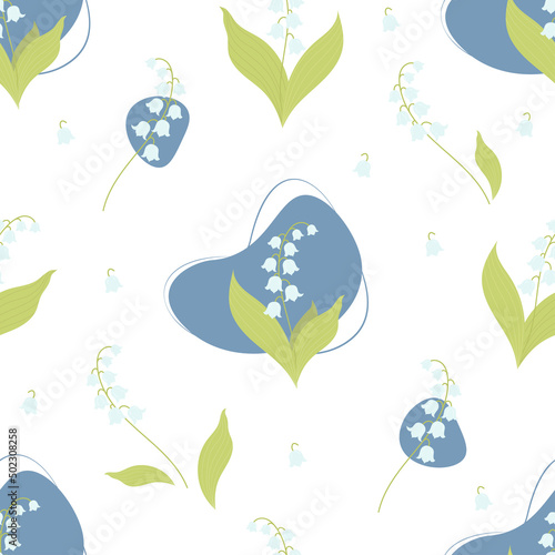 Seamless pattern with beautiful lilies of the valley and leaves on white background. Vector illustration. Spring pattern with forest may flower for design, packaging, decor and decoration, print