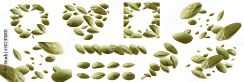 A set of photos. Green lentils levitate on a white background photo