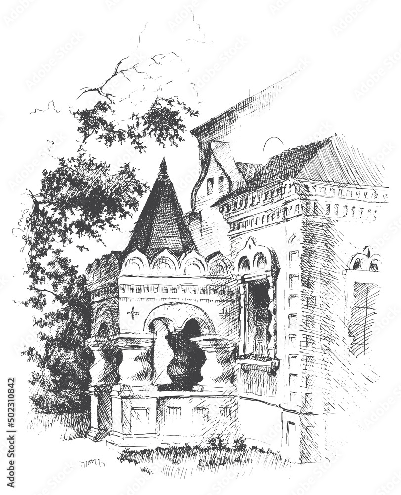 Vector traced hand drawn by ink and pen Black and white landscape with the monastery house porch in architectural tradition of ancient Russian style