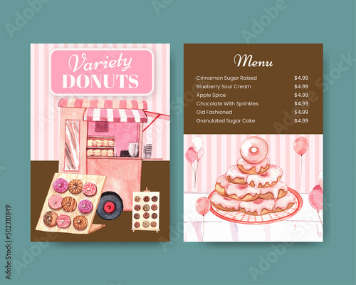 Menu template with donut party concept,watercolor style