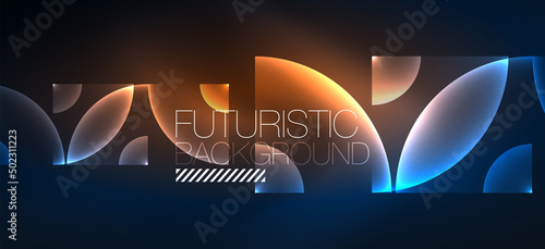 Shiny neon geometric abstract background. Glowing lights on round shapes, triangles and circles. Wallpaper for concept of AI technology, blockchain, communication, 5G, science, business
