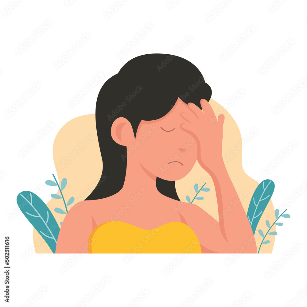 illustration of a woman holding her forehead because she is dizzy illustration of a woman holding her forehead because she is dizzy