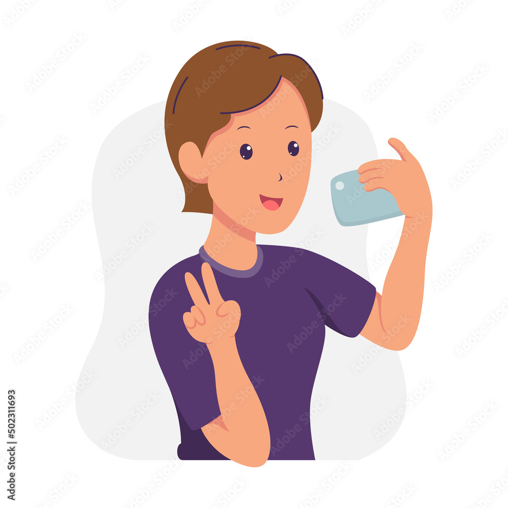 portrait of woman taking selfie using her smartphone in peace style portrait of woman taking selfie using her smartphone in peace style