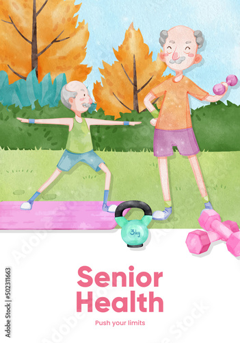 Poster template with senior health fitness concept,watercolor style