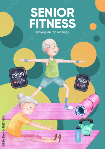 Poster template with senior health fitness concept,watercolor style