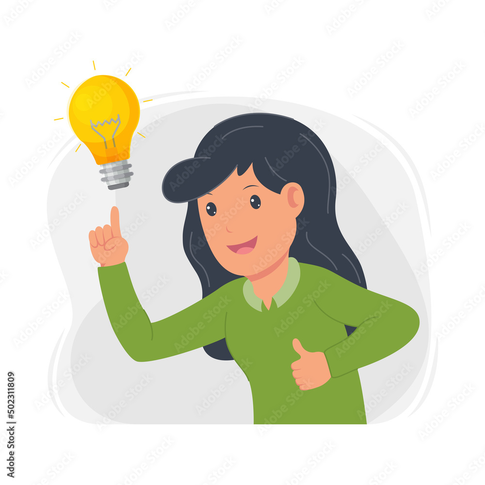 portrait of a woman getting an idea, with a light symbol portrait of a woman getting an idea, with a light symbol