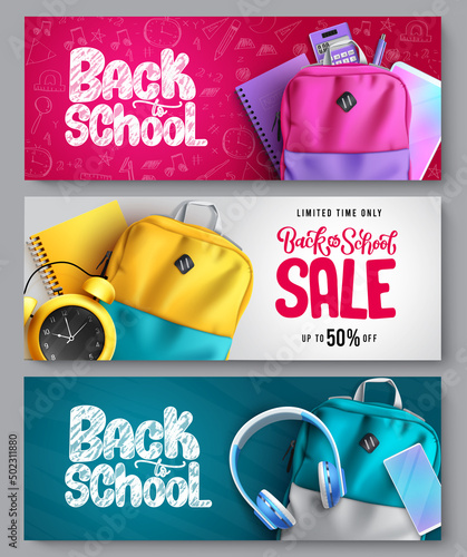 Back to school vector poster set design. Back to school text with sale educational items of bags and notebook elements for educational study promo ads collection. Vector illustration.
