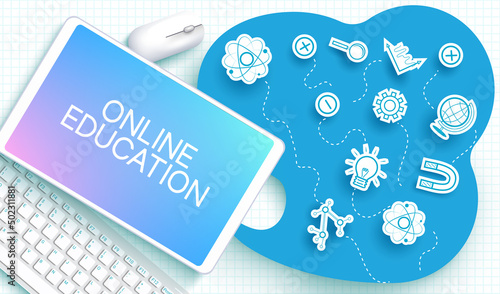 E-learning vector concept design. Online education text in tablet phone device with paper cut knowledge icons element for home school educational study. Vector illustration.
